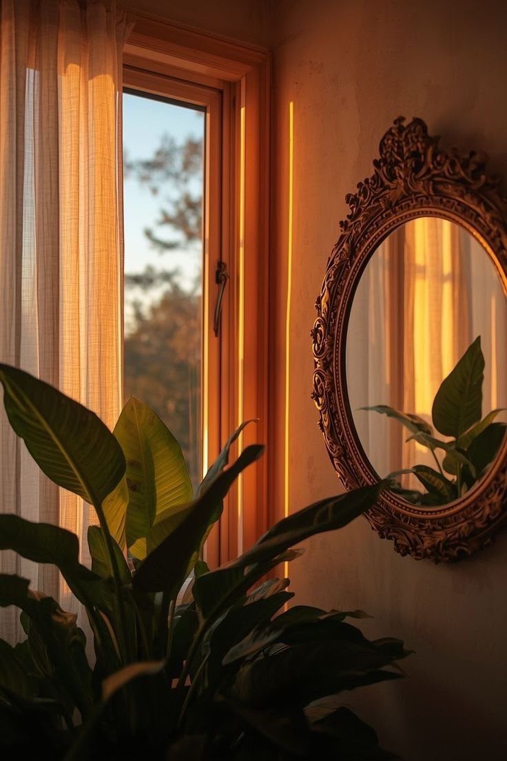 Plantas y espejo en el ambiente cálido del espacio
