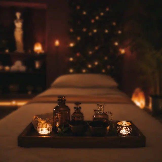 Camilla preparada con aceites y velas en un ambiente íntimo